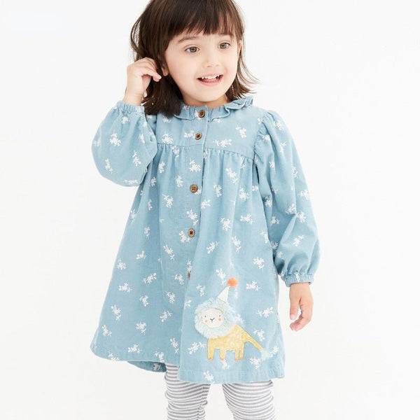 Toddler Girl's Long Sleeve Blue Dress with Cartoon Lion Design