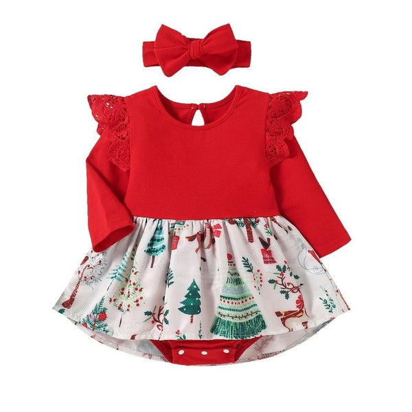 Christmas Baby Girl Red Long-sleeve Tree Print Dress