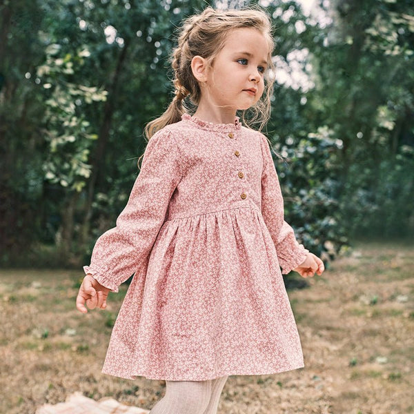 Toddler/Kid Girl Floral Prints Button Details Pink Long Sleeve Dress