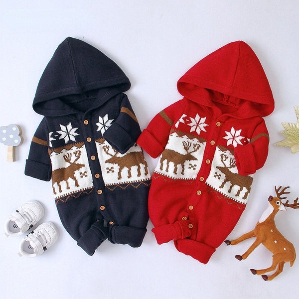 Solid Hooded Long-sleeve Baby Christmas Jumpsuit