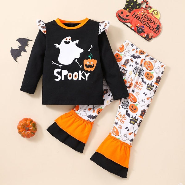 Baby/Toddler Girl's Festive Halloween "Spooky" Long Sleeve Shirt and Pants Set