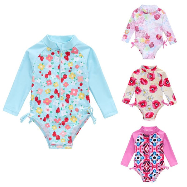 Baby Girl Florals + Patterns Print Long Sleeve One-Piece Swimsuit (5 Designs)