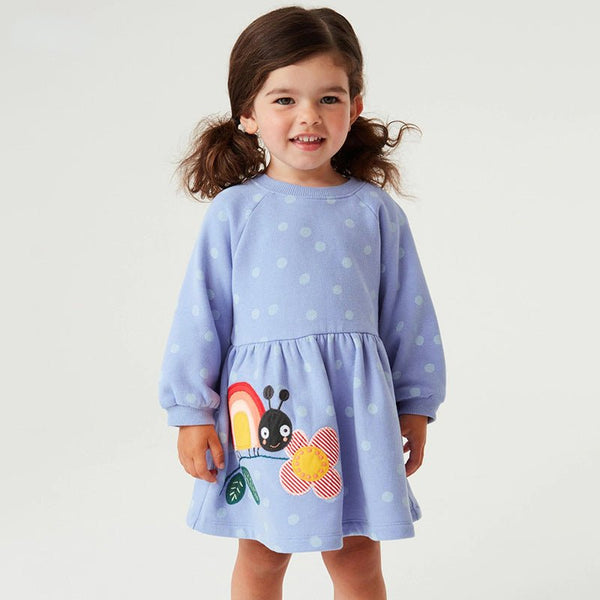 Toddler/Kid Girl Flower Embroidery Polka Dots Blue Sweater Dress