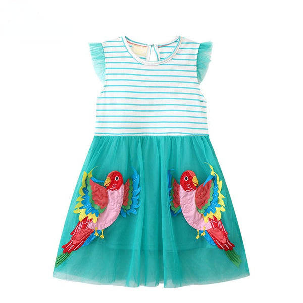 Toddler/Kid Girl's Cute Parrots Design Short Sleeve Striped Dress