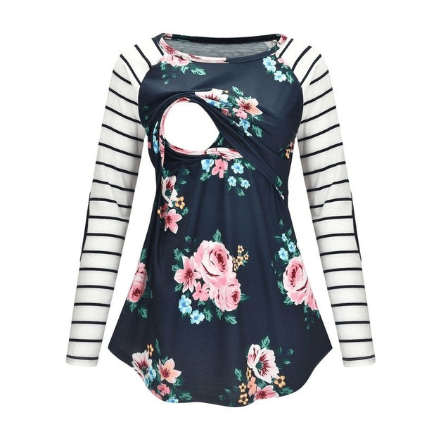 Pretty Floral Print/Stripes Long Sleeve Nursing Top