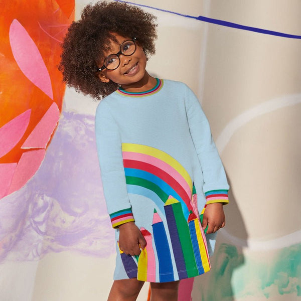 Toddler/Kid Girl's Long Sleeve Rainbow Design Blue Dress