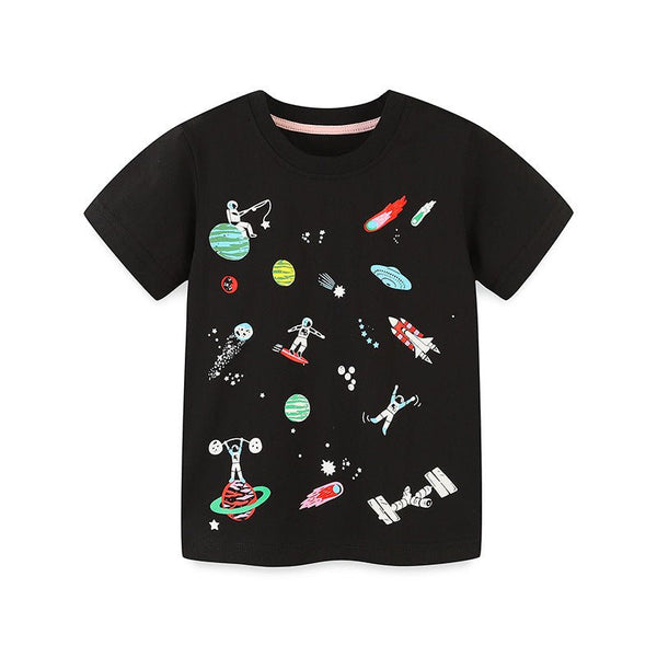 Toddler/Kid Boy's Short Sleeve Astronaut Design Black Cotton Tee