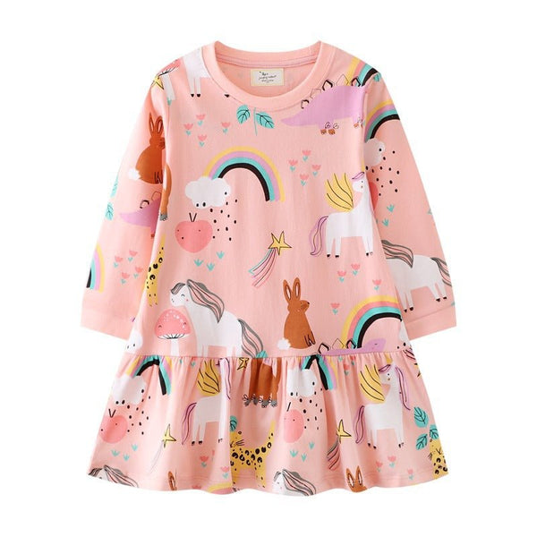 Toddler/Kid Girl's Rainbow, Unicorn, and Bunny Designs Pink Long Sleeve Dress