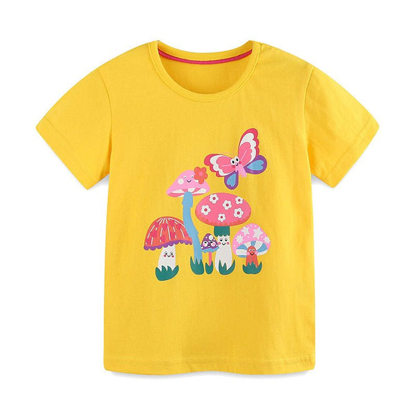 Toddler/Kid Girl's Cartoon Mushroom with Butterfly Print Yellow Top