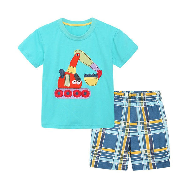 Toddler/Kid's Embroidery Excavator Print Blue T-shirt with Shorts Set