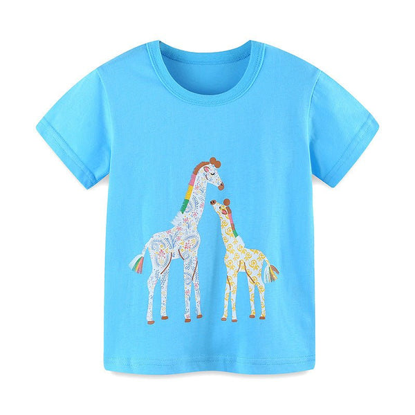 Toddler Girl's Cartoon Giraffe Animal Design Blue Cotton T-shirt