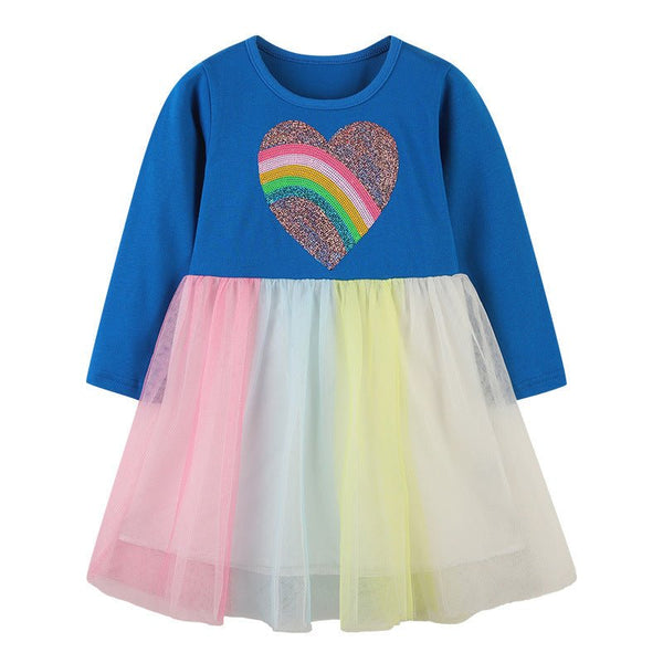Toddler/Kid Girl's Long Sleeve Heart Print Blue Dress