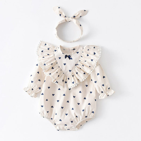 Baby Girl Hearts Print Ruffle Details Long Sleeve Onesie