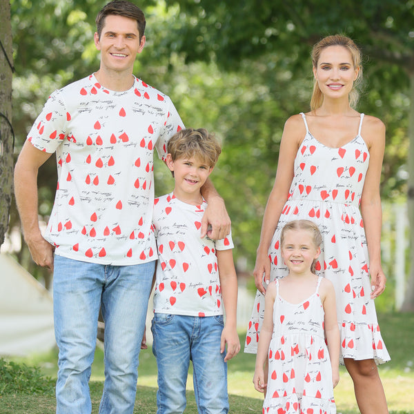 Family Matching Solid V Neck Heart Print Dresses and Short-sleeve T-shirts Sets
