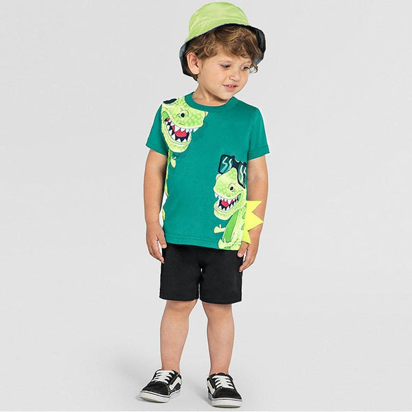 Toddler/Kid Boy's Green Dinosaur T-shirt with Casual Black Shorts Set