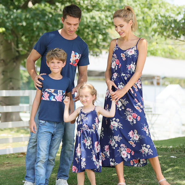 Family Matching V Neck Floral Print Dresses and Short-sleeve Shirts Sets