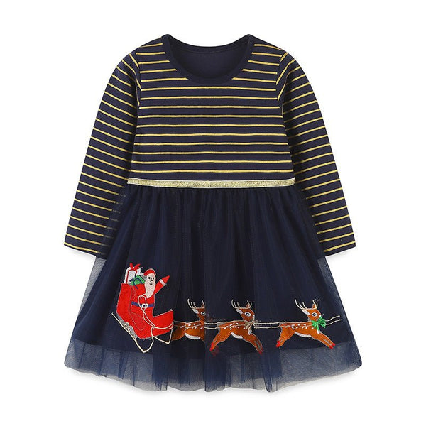 Toddler/Kid Girl's Reindeer with Santa Design Long Sleeve Dress