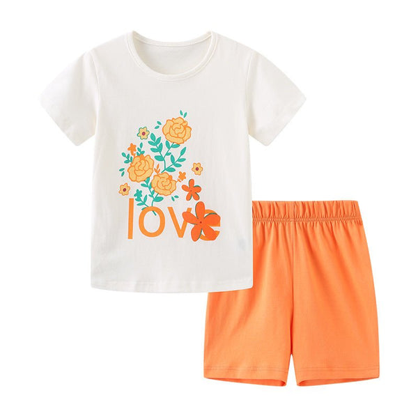 Toddler/Kid Girl's Flower Print Tee with Orange Shorts Set