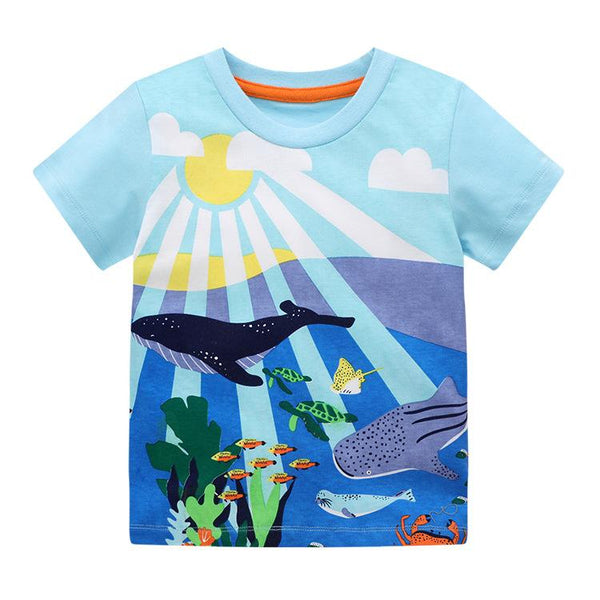 Unisex Short Sleeve Shark and Fish Pattern T-shirt