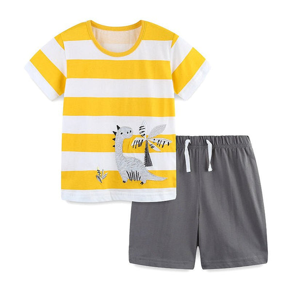 Toddler/Kid Boy's Yellow Striped Design Dinosaur Design Tee with Shorts Set
