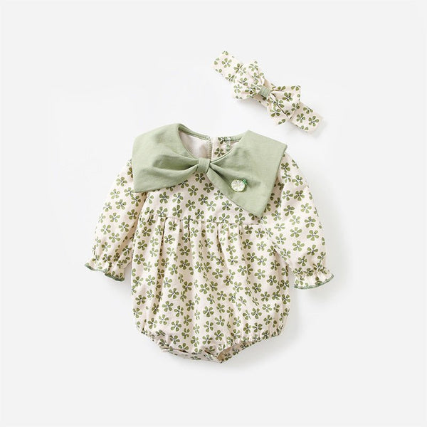 Baby Girl Floral Prints with Bow Neckline Onesie + Headband