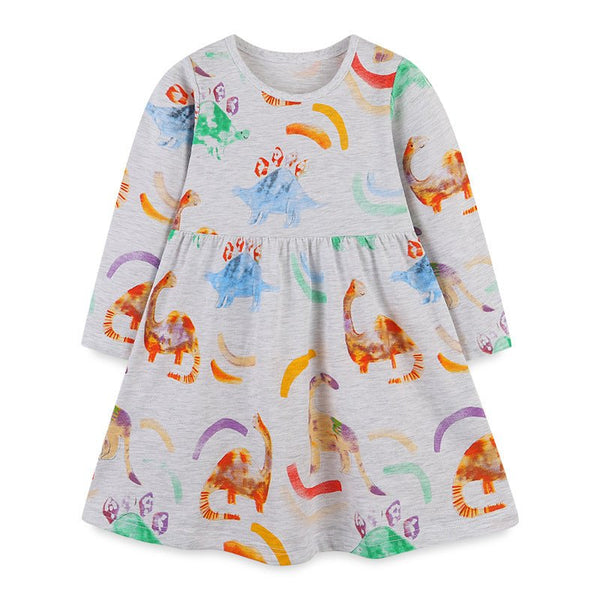 Toddler/Kid Girl's Dinosaur Paintings Print Long Sleeve Dress