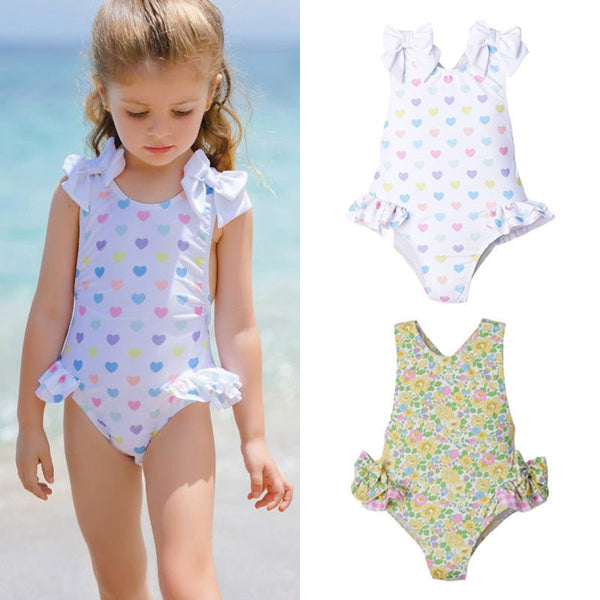 Toddler/Kid Girl Floral + Hearts Print One-Piece Swimsuit (2 Designs)