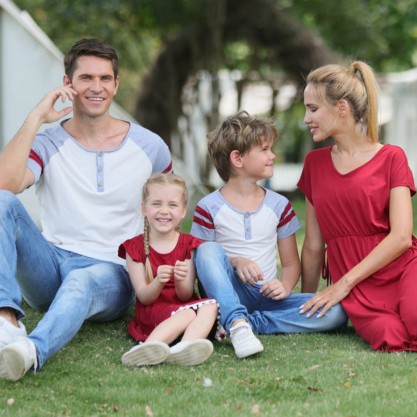 Family Matching Solid V Neck Red Dresses and Short-sleeve T-shirts Sets