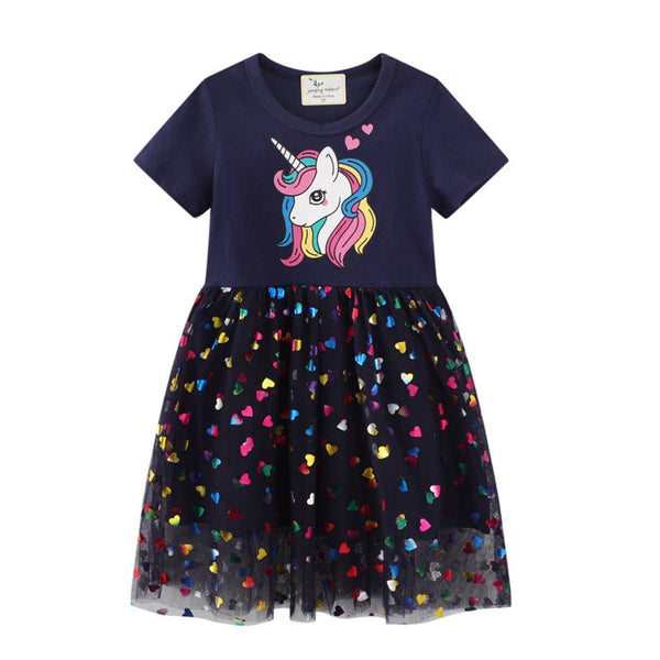 Toddler/Kid Girl's Unicorn Print Short Sleeve Black Dress