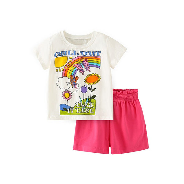 Toddler/Kid Girl's White Cartoon Top with Red Shorts Set