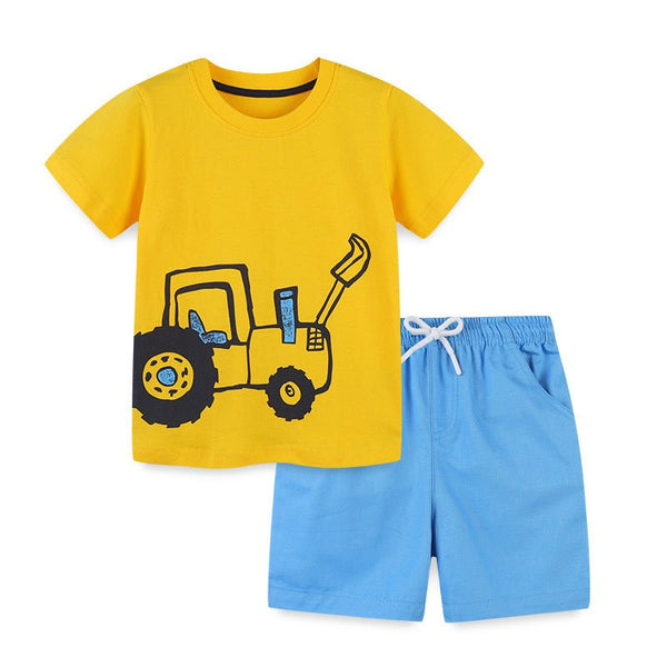 Toddler/Kid's Vehicle Print Tee with Blue Shorts Set