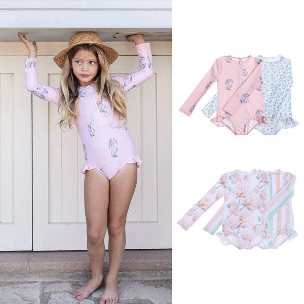 Toddler/Kid Girl Mix Prints Long Sleeve with Zipper One-Piece Swimsuit (4 Designs)