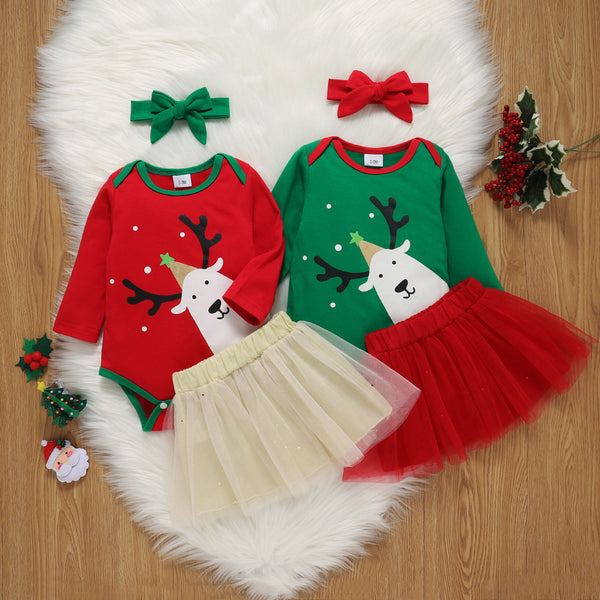 Baby Girl's Christmas Reindeer Doggie Long Sleeve Onesie and Tutu Skirt Matching Set