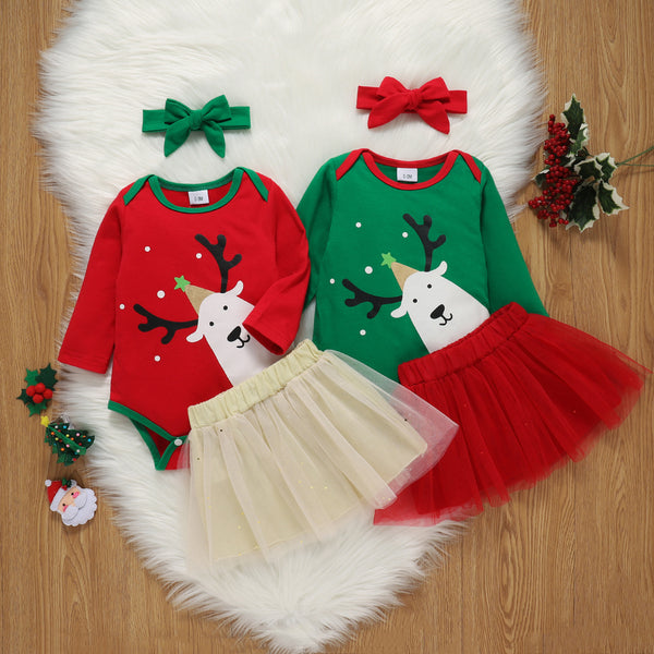 Baby Girl Christmas Reindeer Bear Onesie and Tutu Skirt Matching Set