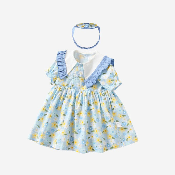 Baby/Toddler Girl Daisies Print with Ruffles Neckline Spring Dress + Headband