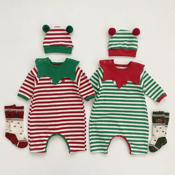 2 Colors Baby's Christmas Striped Romper with Hat Set