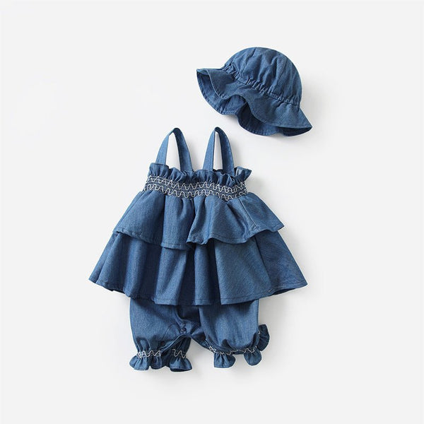 Baby Girl Premium Denim Jumpsuit with Hat Set