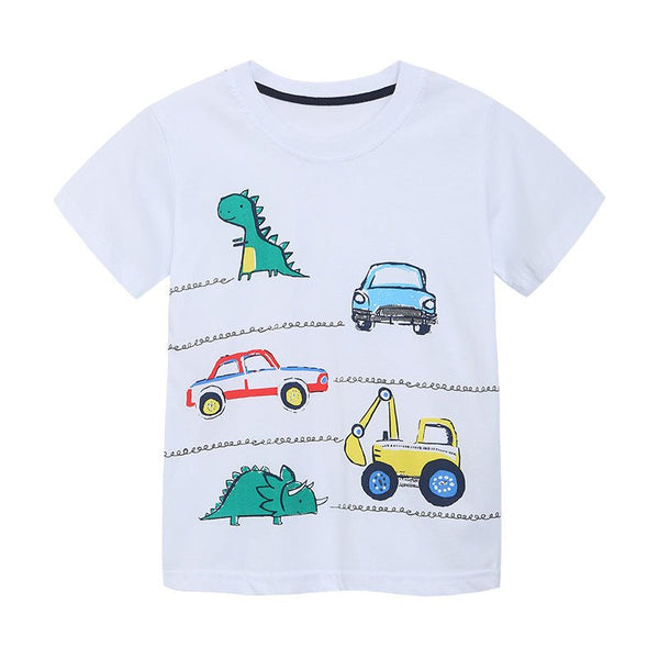Toddler/Kid's Vehicle and Dinosaur Print Design White T-shirt