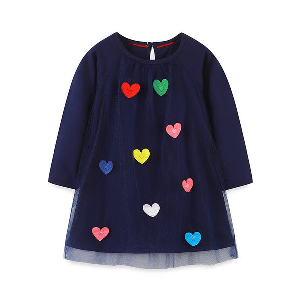 Toddler/Kid Girl Colorful Hearts Navy Long Sleeve Dress