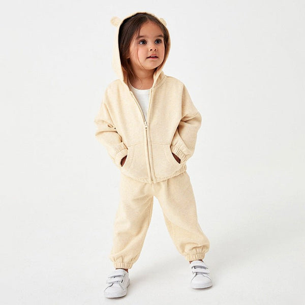 Toddler/Kid Girl's Cream Color Long-sleeve Zip Up Hoodie with Pants Set