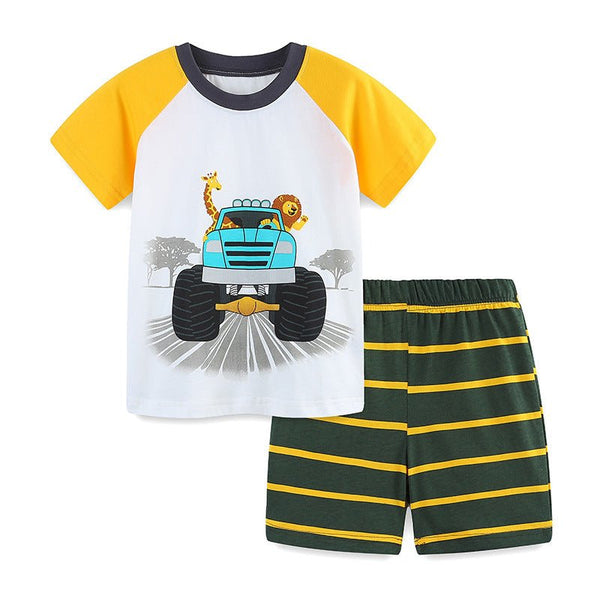 Toddler/Kid Boy's Cartoon Animals with Vehicle Print Design T-Shirt and Shorts Set