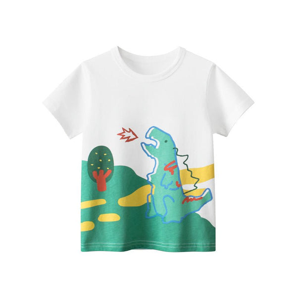Toddler/Kid's White T-shirt with Dinosaur Print Cartoon Design