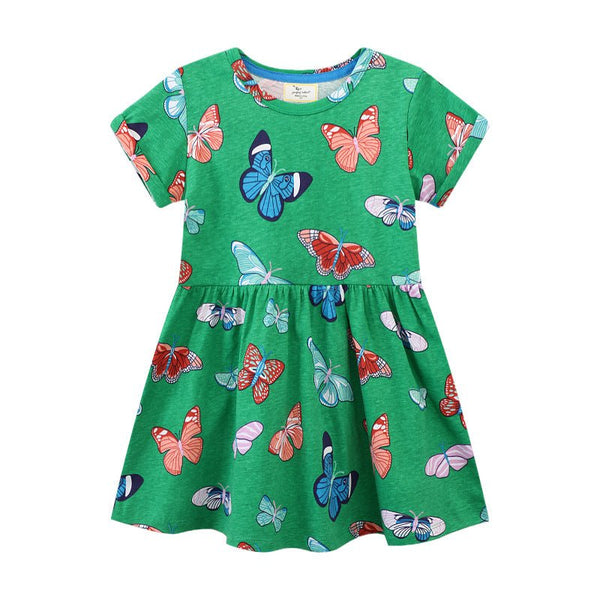 Toddler/Kid Girl's Short Sleeve Butterfly Print Design Green Dress