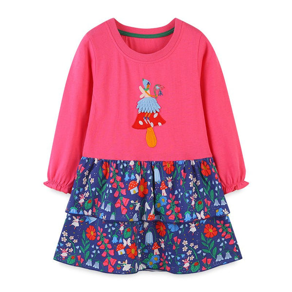 Toddler/Kid Girl's Floral Print Fairy/Mushroom Embroidery Long Sleeve Dress