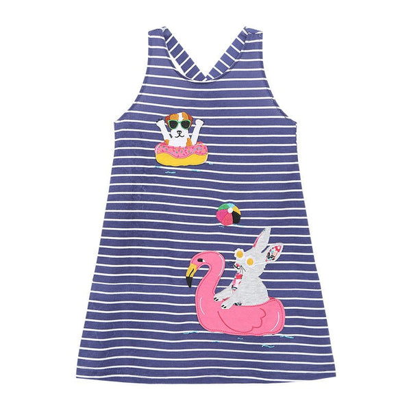 Toddler/Kid Girl's Sleeveless Striped Dress with Cartoon Animal Design