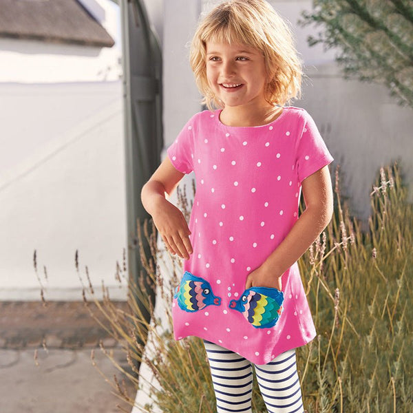 Toddler/Kid Girl's Short Sleeve Pink Dress with Fish Design Pockets