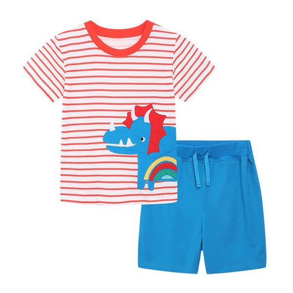 Toddler/Kid's Dinosaur Design Red Striped T-shirt with Blue Shorts