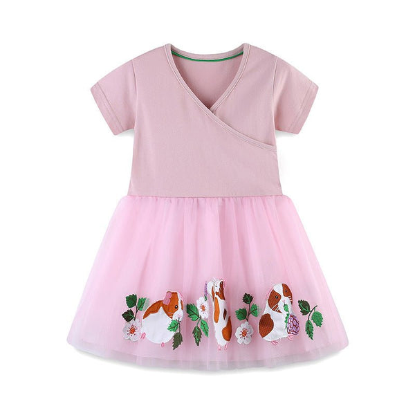 Toddler/Kid Girls Short Sleeve Pink Lace Design Cartoon Dress