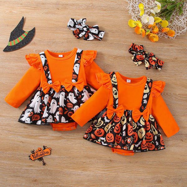 Baby/Toddler Girl's Festive Halloween Long Sleeve Dress Onesie with Headband