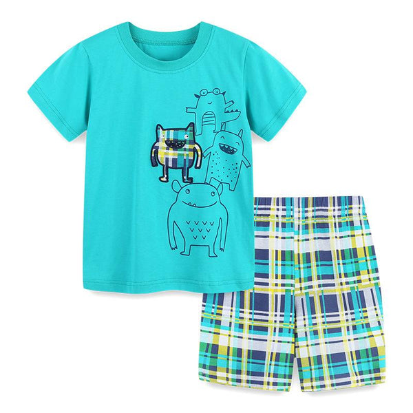 Toddler/Kid "Little Monster" Cartoon Print T-shirt with Plaid Shorts Set